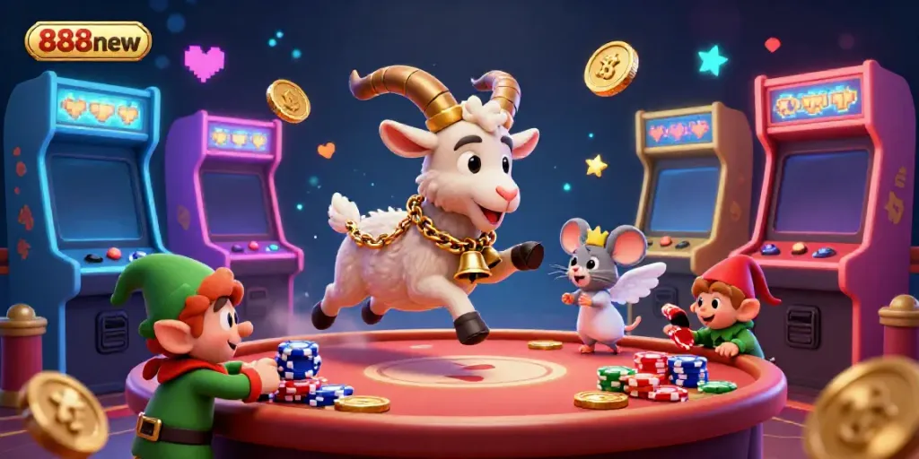 Experience thrill at 888new with Krampus, a mouse, and gremlins in a lively casino.