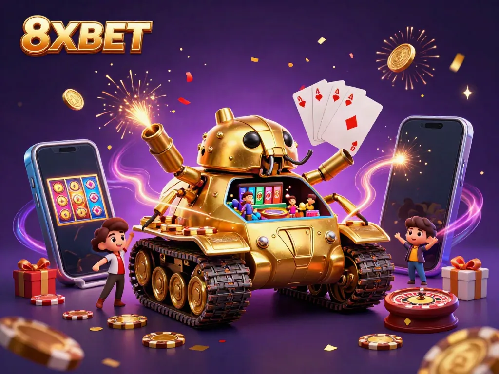Engage in 8XBET's lively casino experience with a golden beetle tank and vibrant gaming elements.