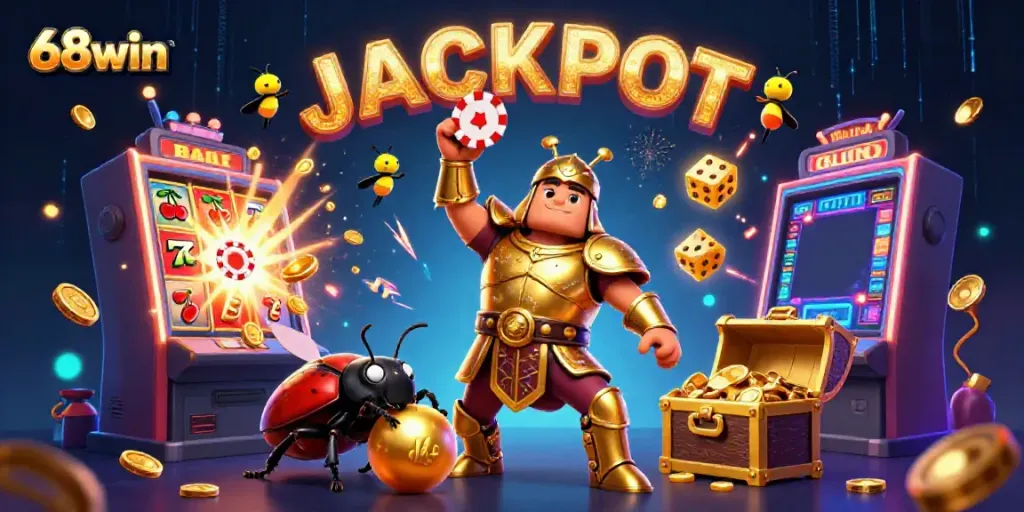 Experience the excitement at 68win with a vibrant 3D scene showcasing wealth and gaming adventure.