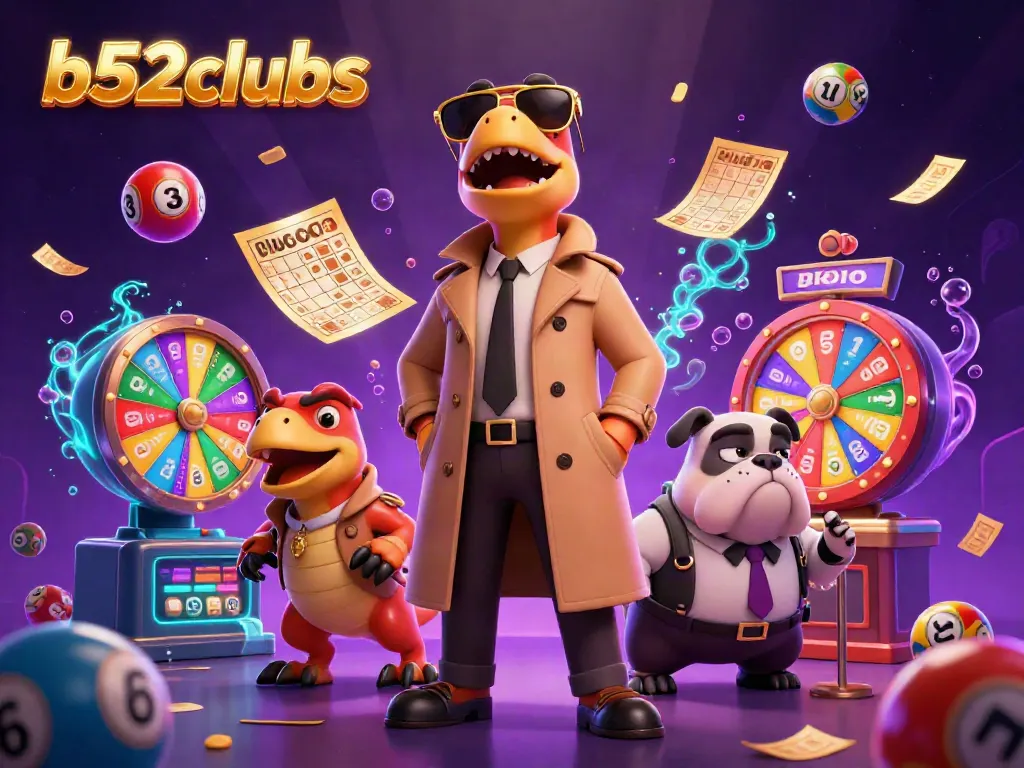 Engage with vibrant lottery elements and cartoon raptors in a casino scene for b52clubs.