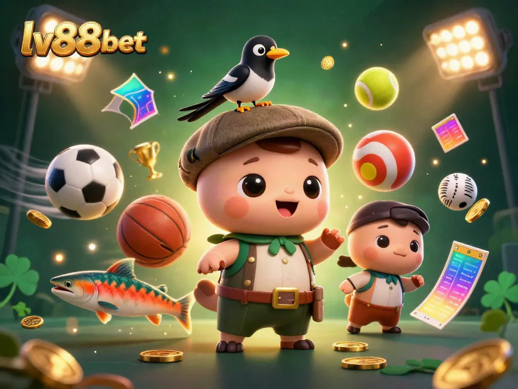 Experience the excitement of lv88 bet with playful characters, dynamic sports elements, and vibrant colors in this casino-themed illustration.