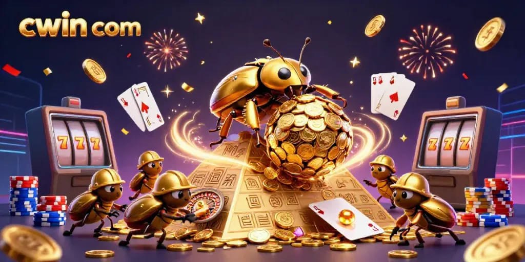 Engage in thrilling gameplay at cwin com, featuring dazzling casino elements and a vibrant beetle theme.