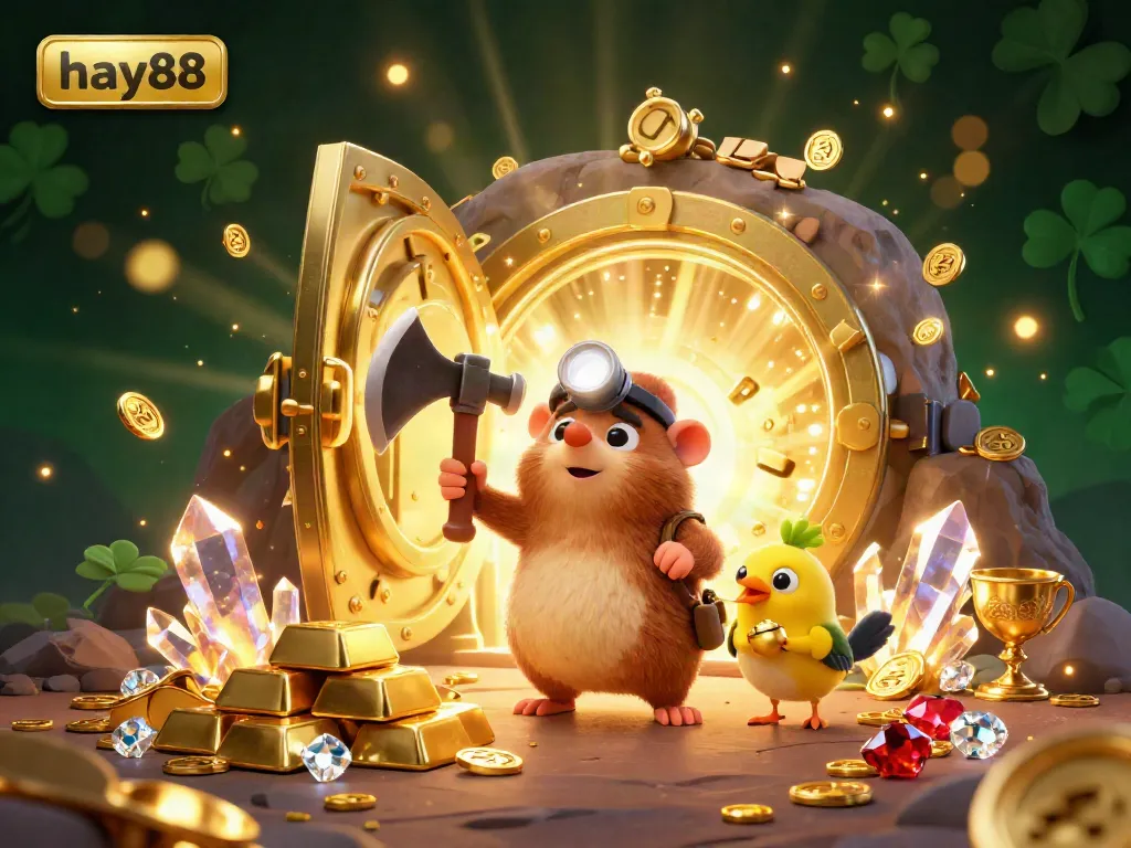 Experience exciting wins at hay88 with a treasure hunter mole exploring a vibrant, gem-filled cave.