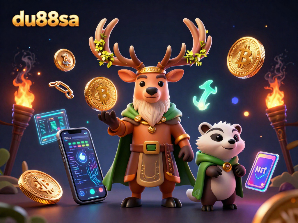 Engage with the enchanting world of du88sa, featuring a Celtic druid stag amidst glowing crypto elements.