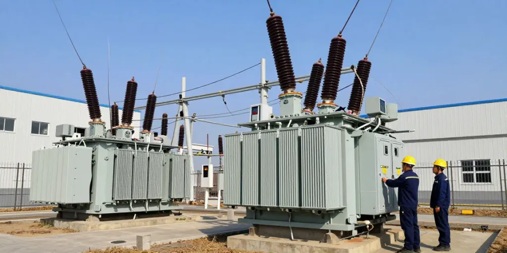 Substation distributietransformator in gebruik met technici die inspecteren.