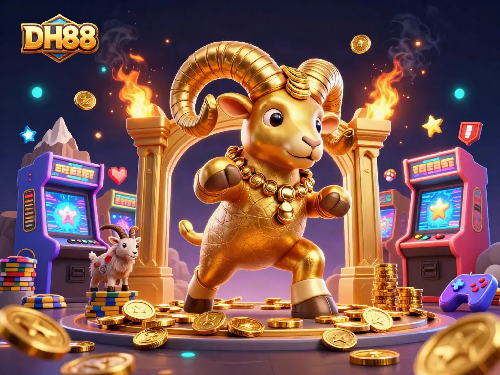 Engage with DH88 gaming visuals featuring a golden ram charging through a vibrant casino scene.