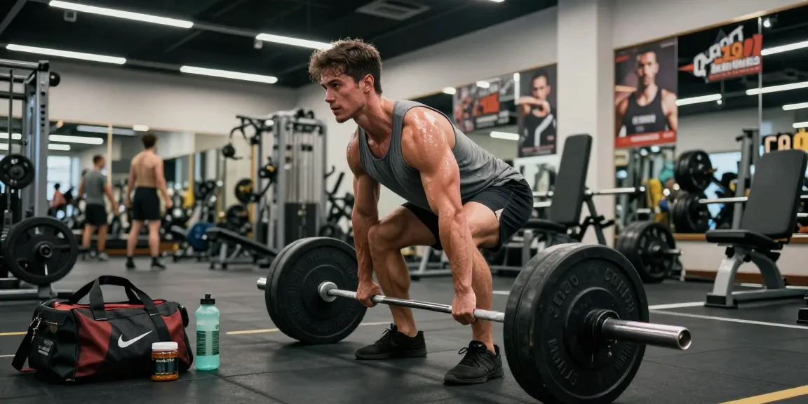 Prime Pharma Steroiden Winkel met bodybuilder die deadlift uitvoert in moderne sportschool.