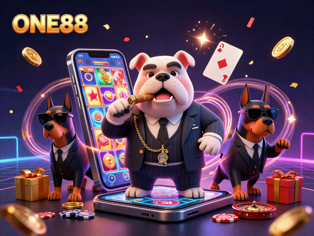 Experience the excitement of ONE88 with a vibrant 3D casino scene featuring a mafia bulldog and dynamic gaming elements.