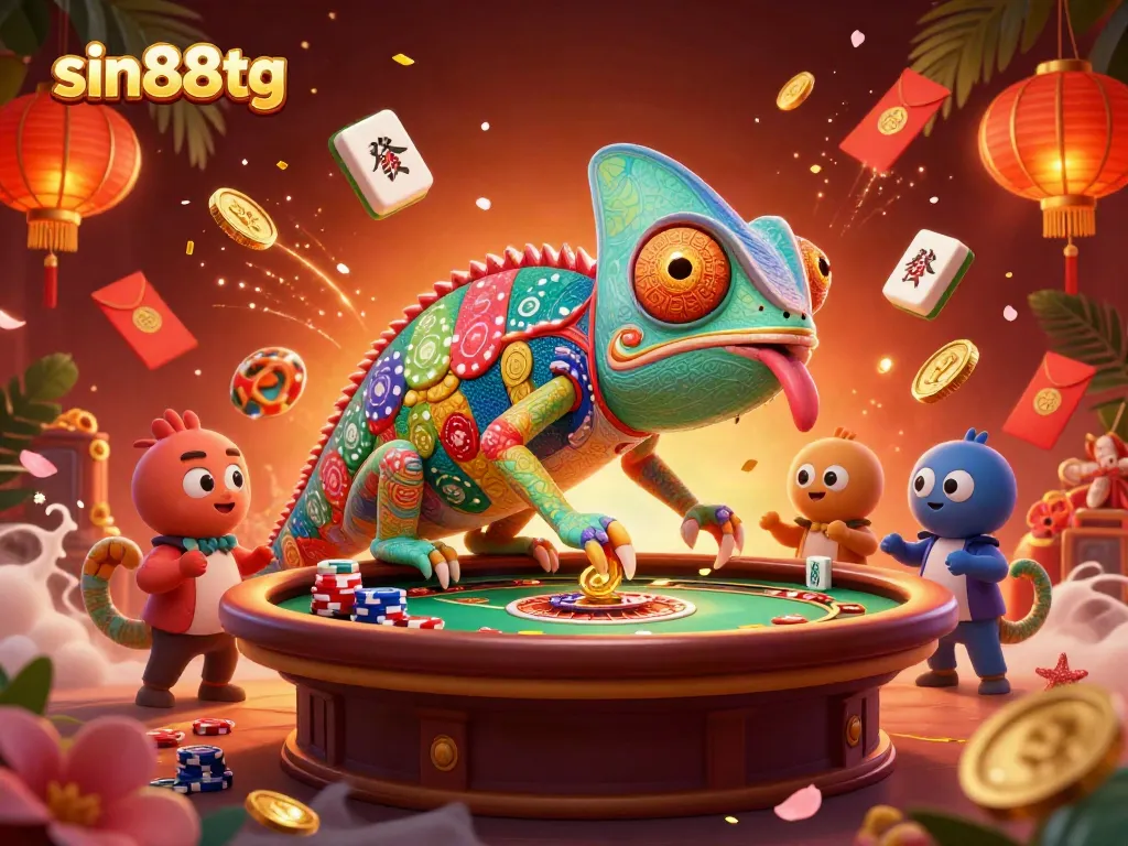 Experience thrilling games at sin88tg, where a chameleon casino owner and vibrant game elements create excitement.