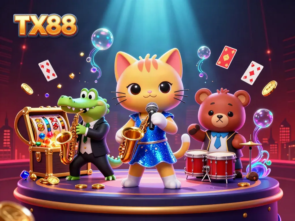 Experience the excitement of TX88 with vibrant characters and dynamic casino elements in this vivid illustration.