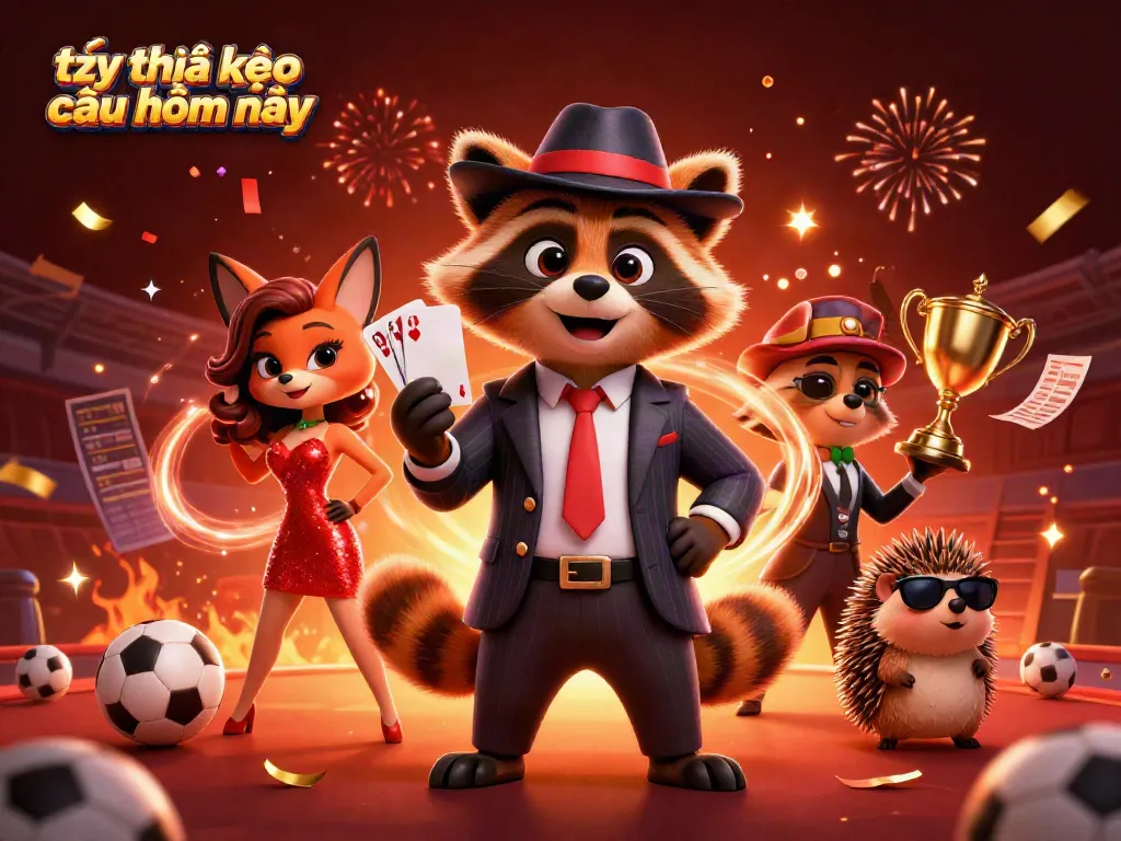 Place bets on tỷ lệ kèo nhà cái hôm nay with suave raccoon and charming fox in a vibrant casino scene.