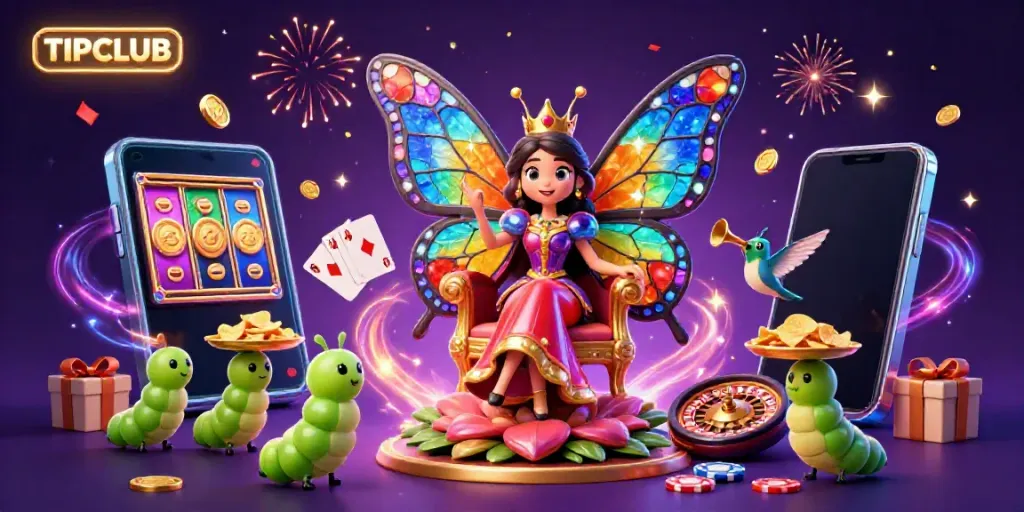 Engage with TIPCLUB's vibrant casino experience featuring a butterfly queen amidst slot games and chips.