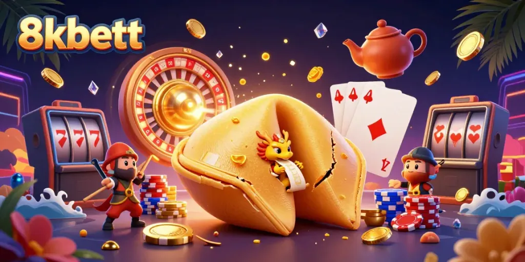 Join the excitement with 8kbett's interactive gaming scene featuring dynamic casino elements and vibrant characters.