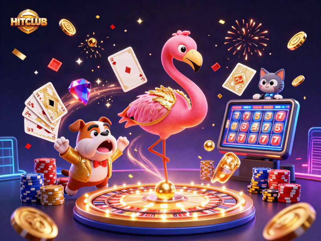 HITCLUB captivates with a vibrant 3D game show scene brimming with excitement and casino elements.