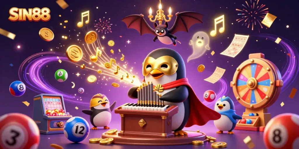 SIN88 cartoon penguin playing organ amidst colorful lottery elements, enhancing the casino vibe.