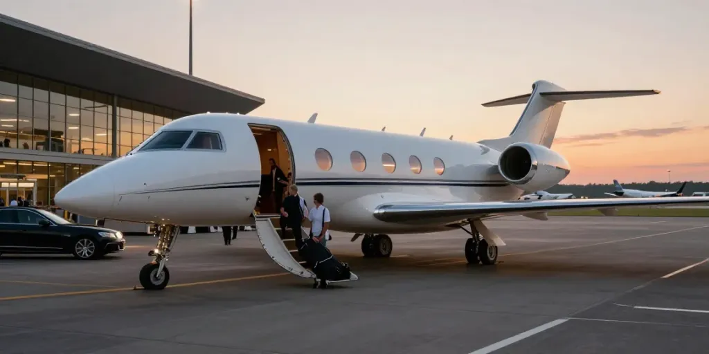 Private jet rental Amsterdam scene showcasing luxury aircraft at sunset.