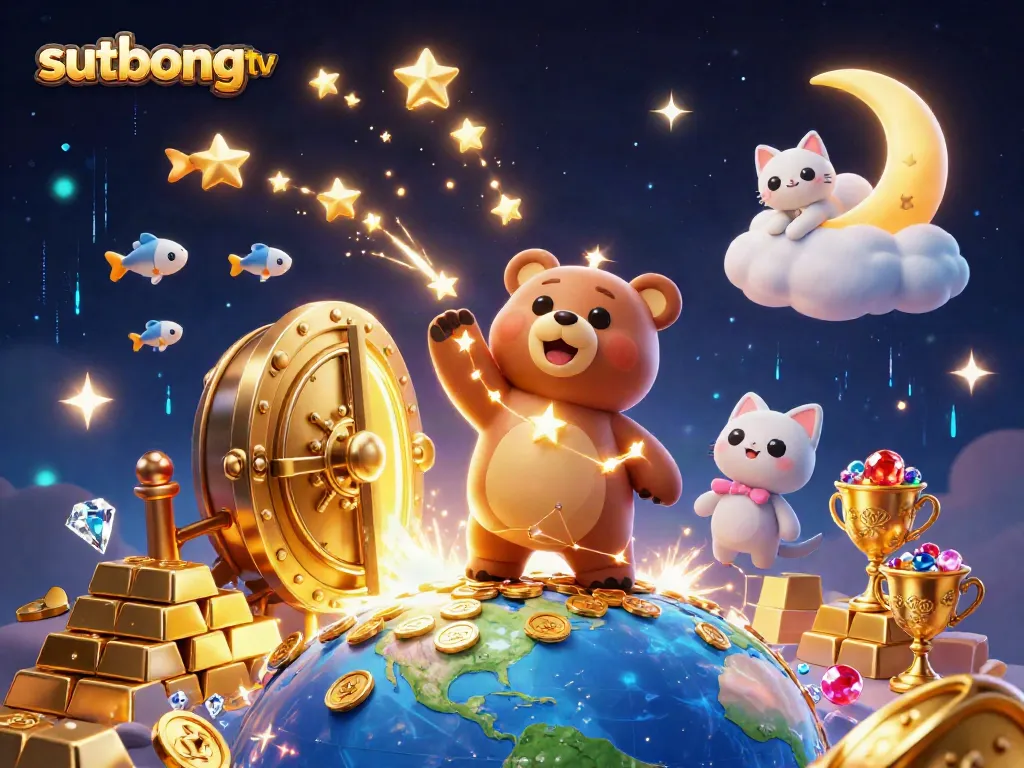 Experience thrilling gameplay with sutbongtv as a constellation bear scoops coins surrounded by riches.