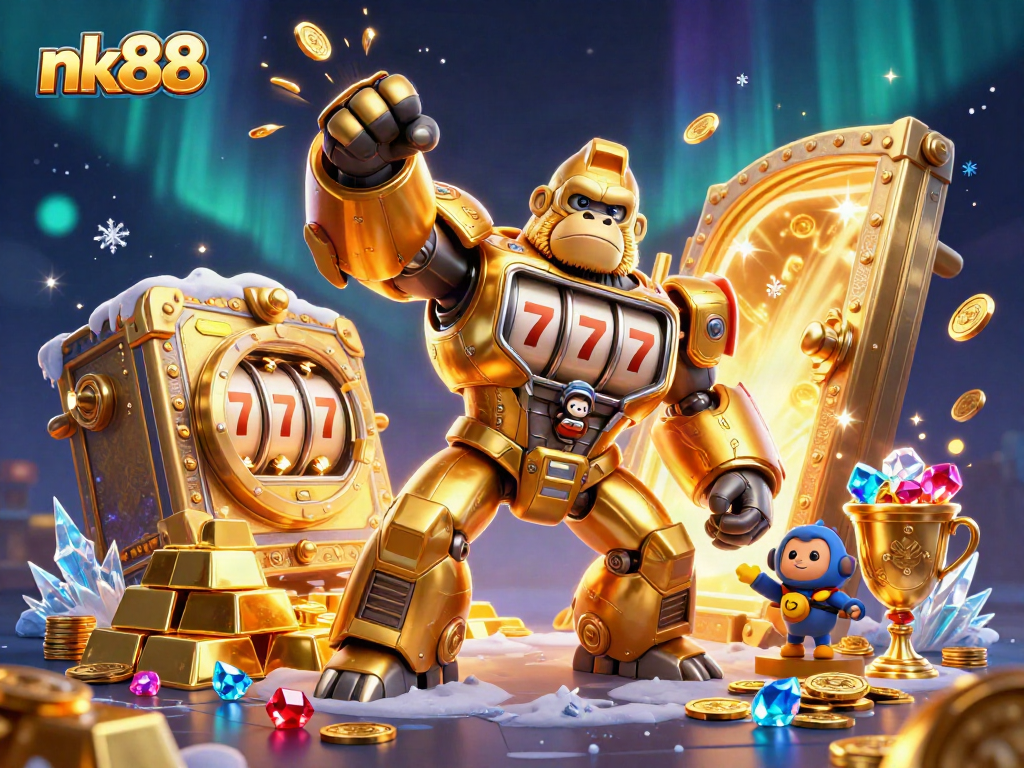 Experience nk88's thrilling slot mech excitement with a golden gorilla and treasures!