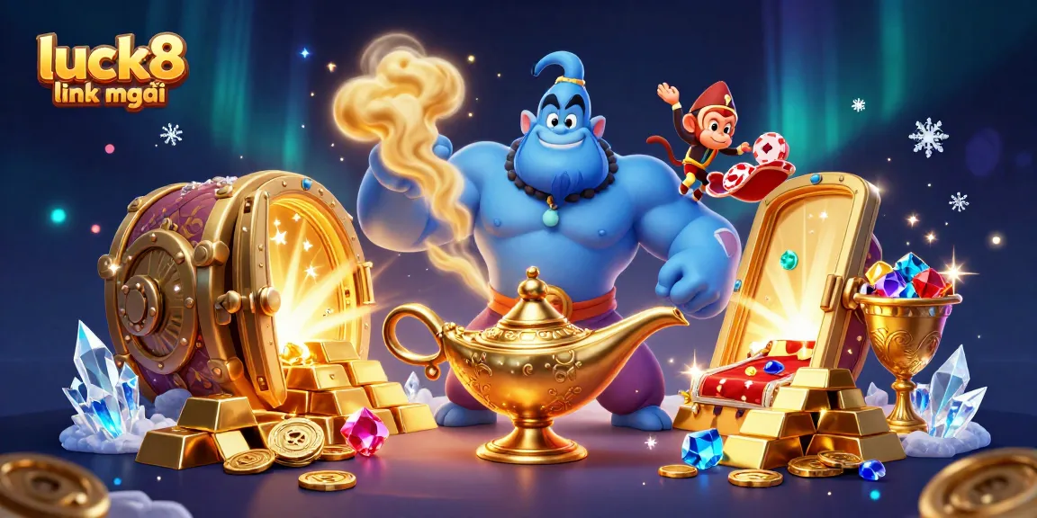 Spin the luck8 link mới with mystic genies and treasures in a vibrant casino scene!