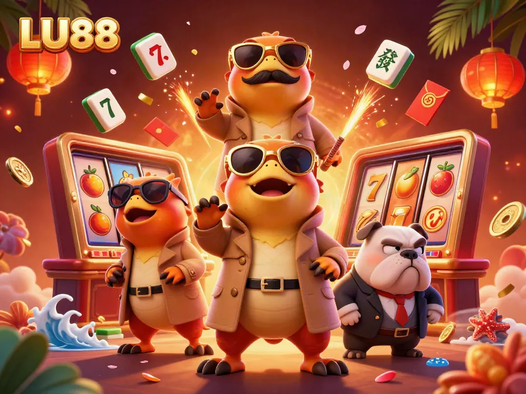 LU88 raptors sneak into VIP casino with vibrant casino elements and a bouncer, showcasing slots and festive decor.