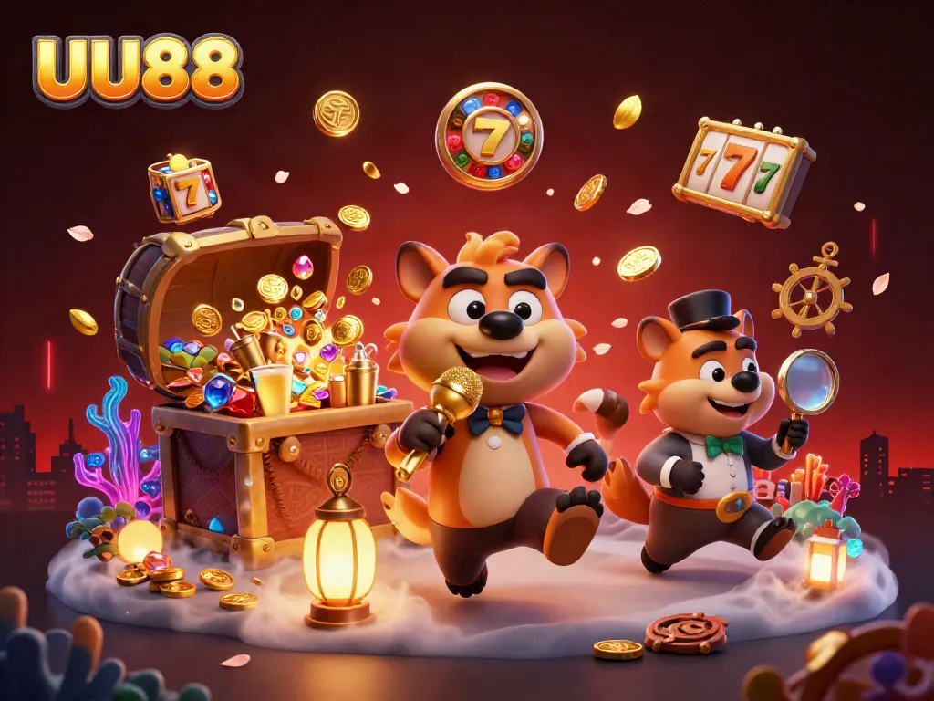 Join the laughter at UU88's comedy casino with hyena characters mixing drinks and sharing jokes.