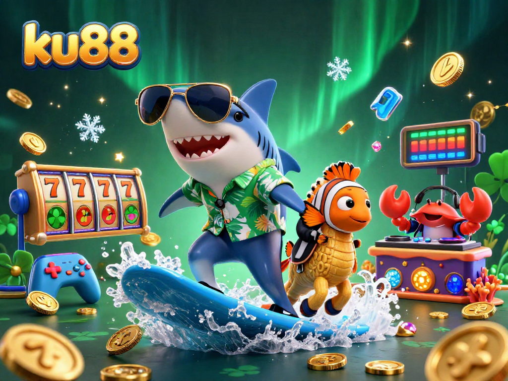 Celebrate wins at ku88 with our exciting casino-themed illustration featuring vibrant games and characters.