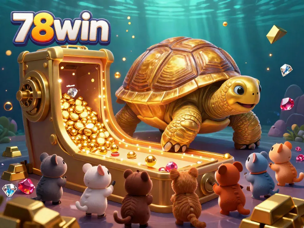 Play with 78win's colossal golden tortoise pinball machine amidst treasure in this vibrant illustration.