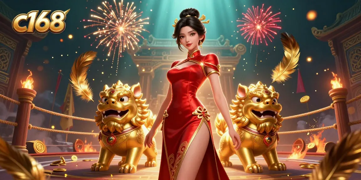 Play exciting games at c168 with a glamorous woman in a festive casino scene.