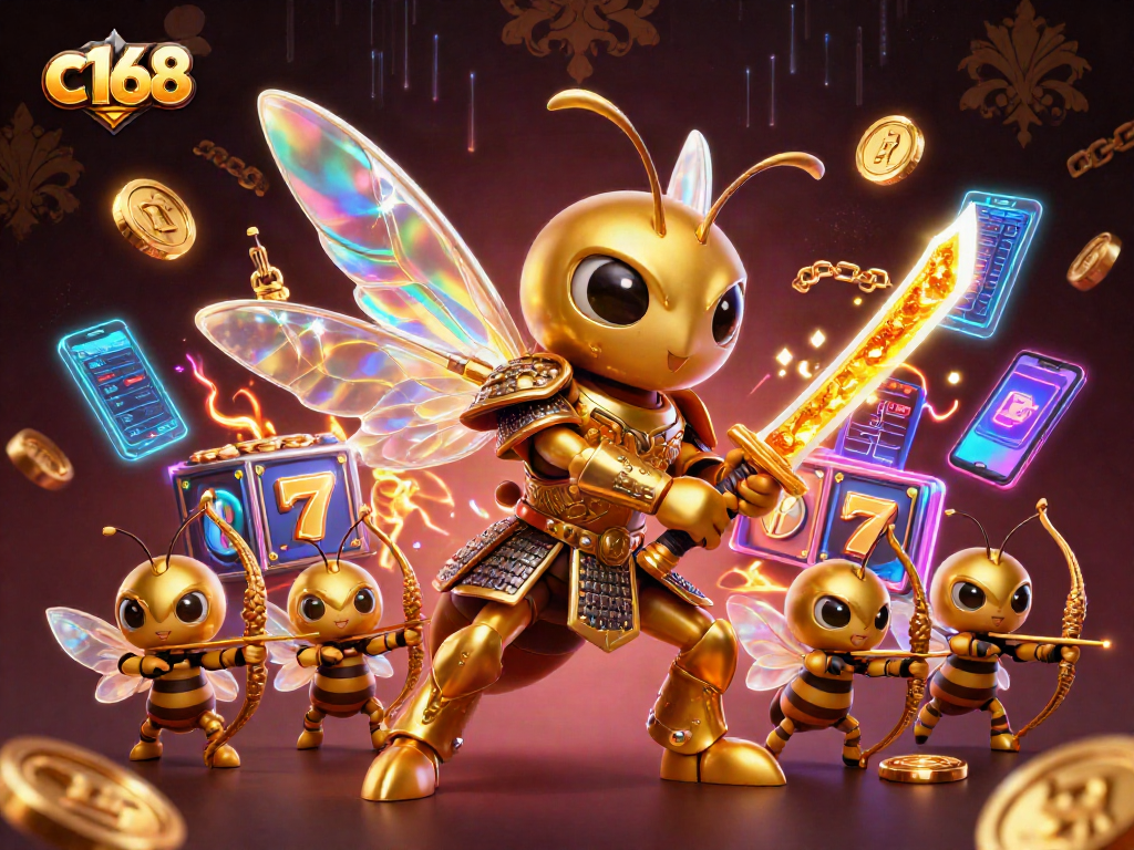 Experience the excitement of c168 casino gaming with a dynamic 3D illustration of samurai hornet characters and neon elements.
