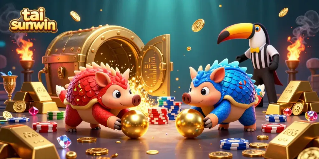 Engage with tai sunwin's vibrant gaming scene featuring rival pangolins amid treasures and poker chips.