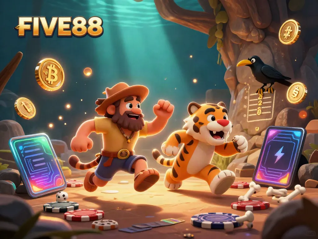 Experience the vibrant FIVE88 casino atmosphere with unique prehistoric characters and dynamic crypto elements.