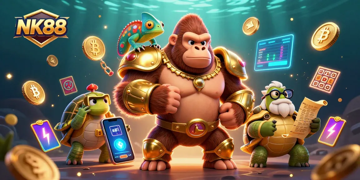 Join the thrilling adventure of NK88 with dynamic casino characters and crypto elements in an ultra-detailed 3D illustration.
