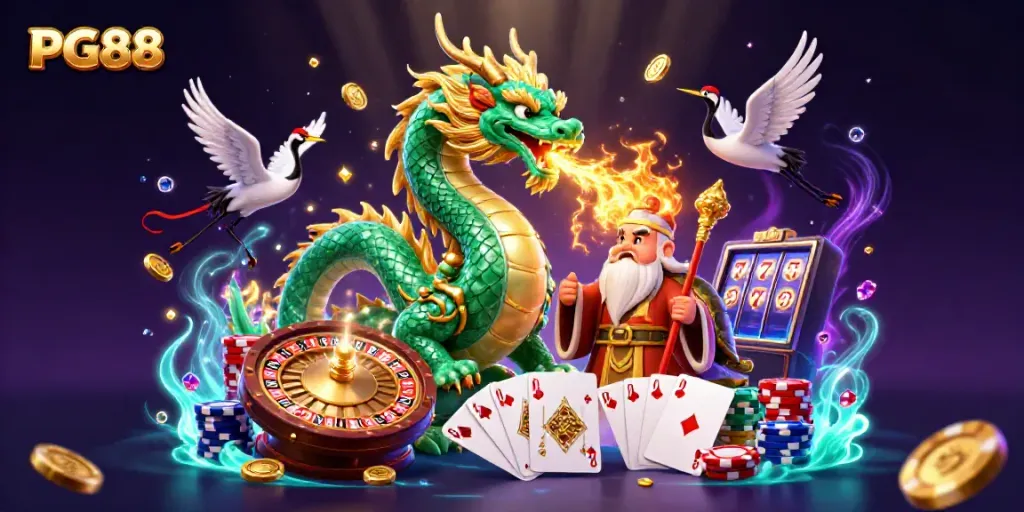 Experience PG88's dynamic gaming action with a jade dragon and lucky cranes amidst casino treasures.