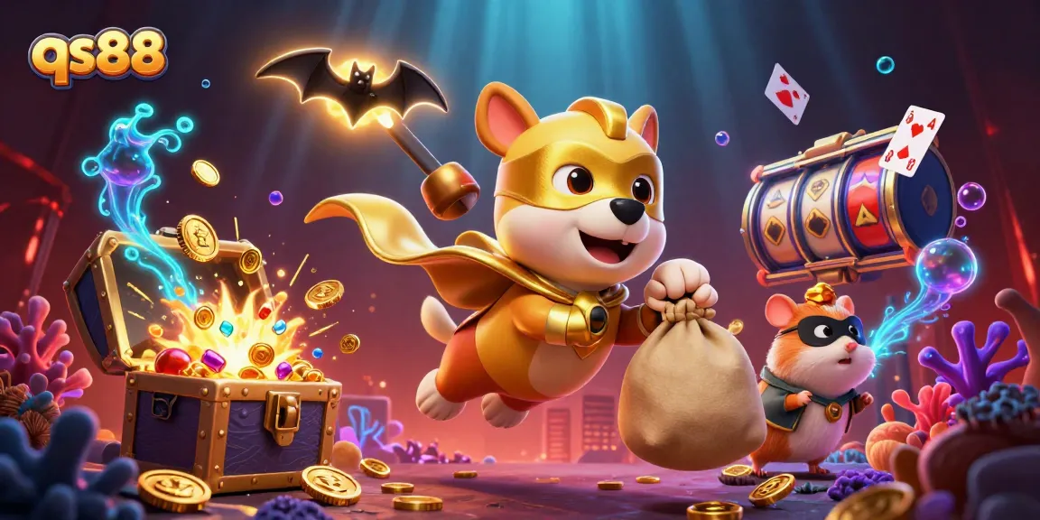 Experience the thrill of qs88 with a superhero dog flying amidst glowing treasure and dynamic gaming elements.