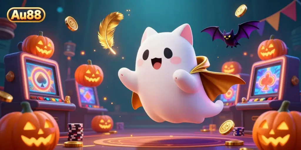 Engage with Au88's vibrant nocturnal casino scene featuring a friendly ghost cat and a vampire bat amidst festive gaming elements.