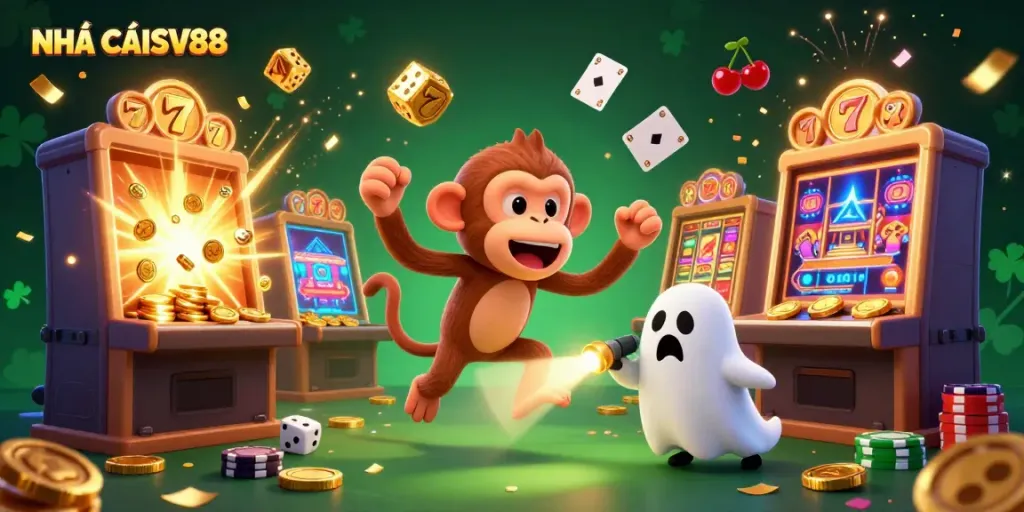 Join the excitement at NHÀ CÁI SV88 as a mischievous poltergeist monkey juggles winnings in a vibrant casino.