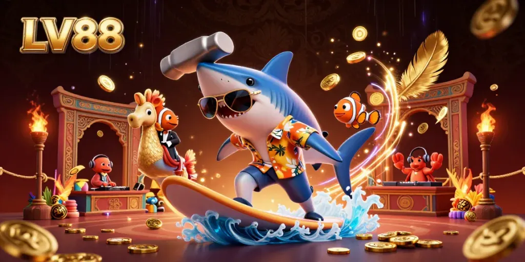 Experience the exciting LV88 casino scene with a shark surfing coins, enhancing your gaming journey.