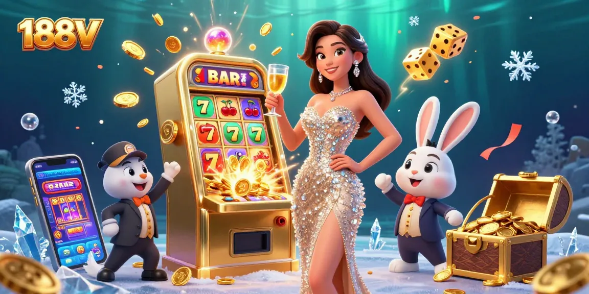 Experience the thrill of 188V as a glamorous woman toasts beside a jackpot slot machine bursting with coins.