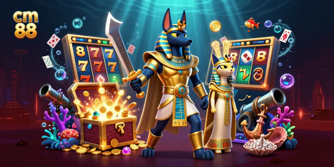 Spin the slots with cm 88's vibrant 3D illustration of Anubis and Bastet captivating players.