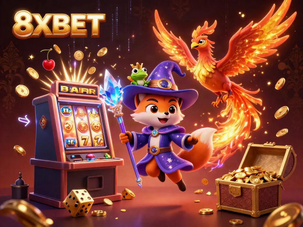 Engage with 8XBET's thrilling gaming scene featuring a wizard fox, phoenix, and jackpot elements.