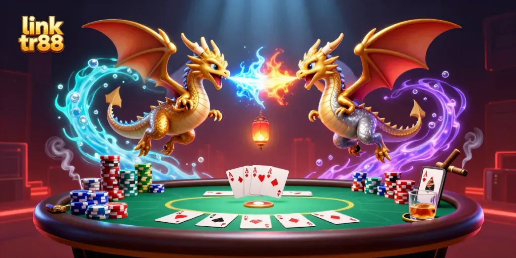 Engage with link tr88 while enjoying a dynamic scene of dragons and poker elements in a casino.
