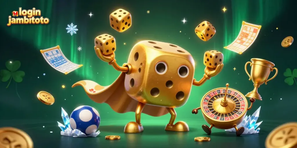 Experience a thrilling game at login jambitoto with an animated 3D casino scene featuring dynamic lottery elements.