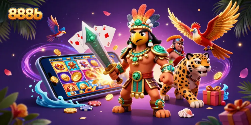 Experience thrilling 888b gameplay with Aztec warriors and exciting casino elements in a vibrant scene.