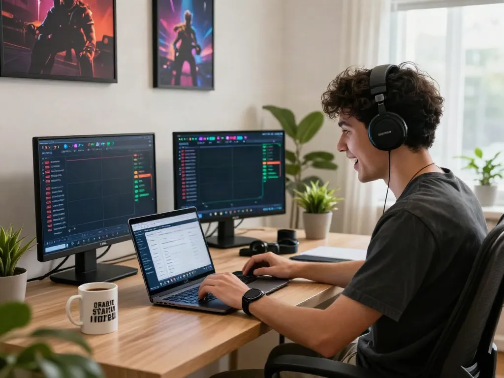 Online gaming enthusiast engaging with the NET88 platform at home office