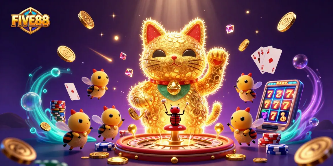 Experience the thrill at FIVE88's vibrant gaming scene with a lucky cat and dazzling casino symbols.