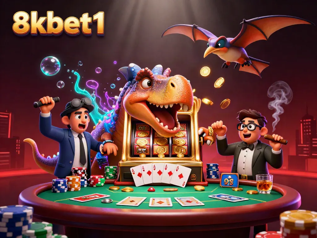 Watch 8xbet1 cartoon dinosaurs interact with a golden slot machine, expressing excitement with flying coins.