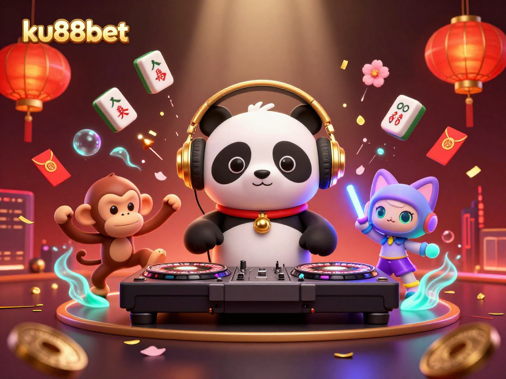 Experience the vibrant fun of ku88bet with DJ panda and friends celebrating casino excitement.