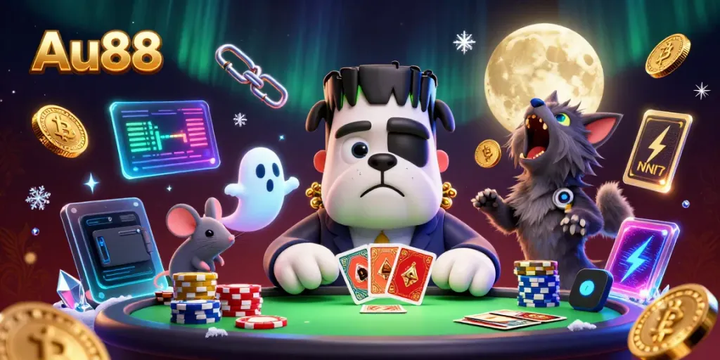 Deal cards at Au88 casino with a unique 3D cartoon scene featuring playful characters and blockchain elements.