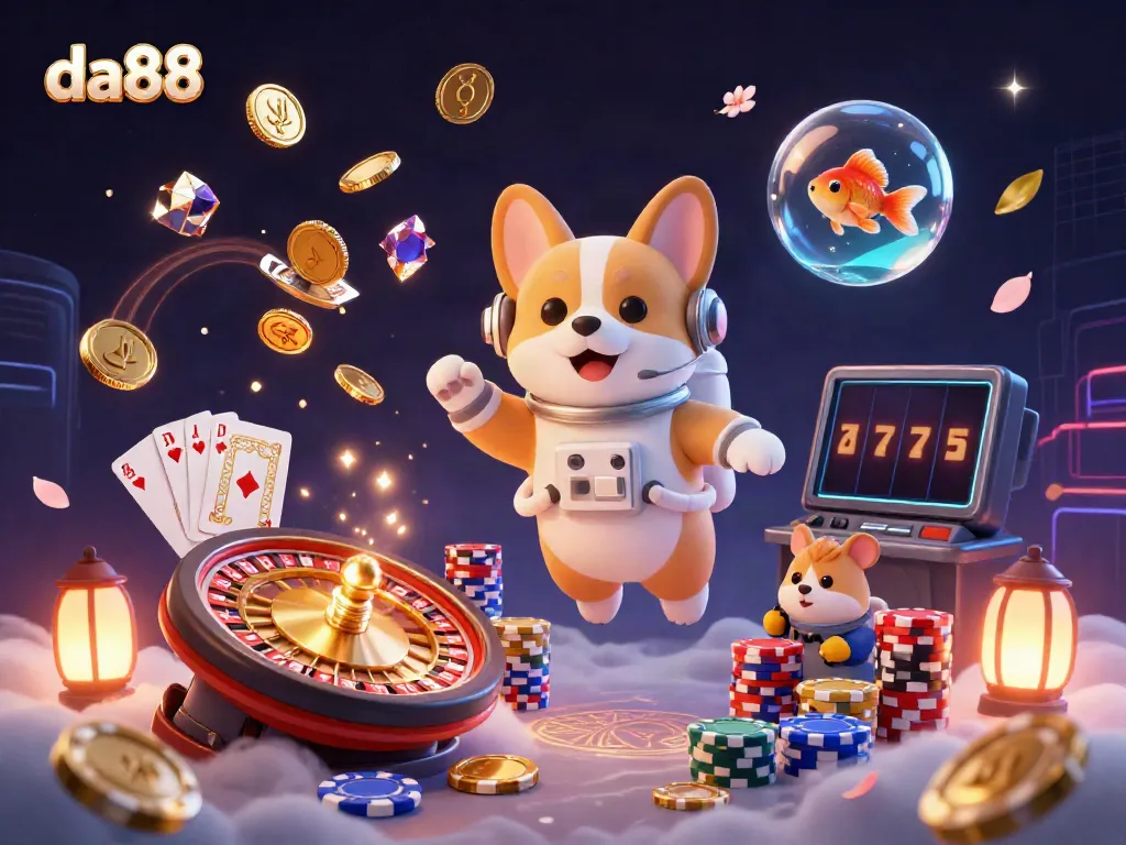 Experience immersive slot gaming action with da88 in a vibrant casino illustration featuring floating characters and dynamic elements.