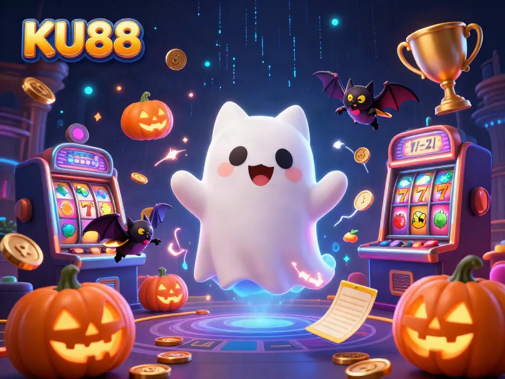 KU88 ghost cat celebrates winning slots in a haunted casino atmosphere, rich with colorful details.